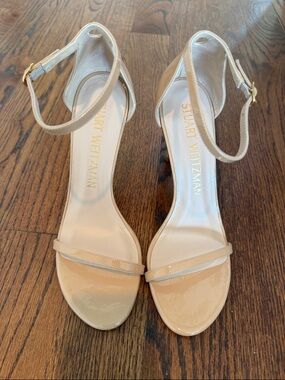 Stuart Weitzman Nudistsong Beige Patent Leather Ankle-Strap Heels
